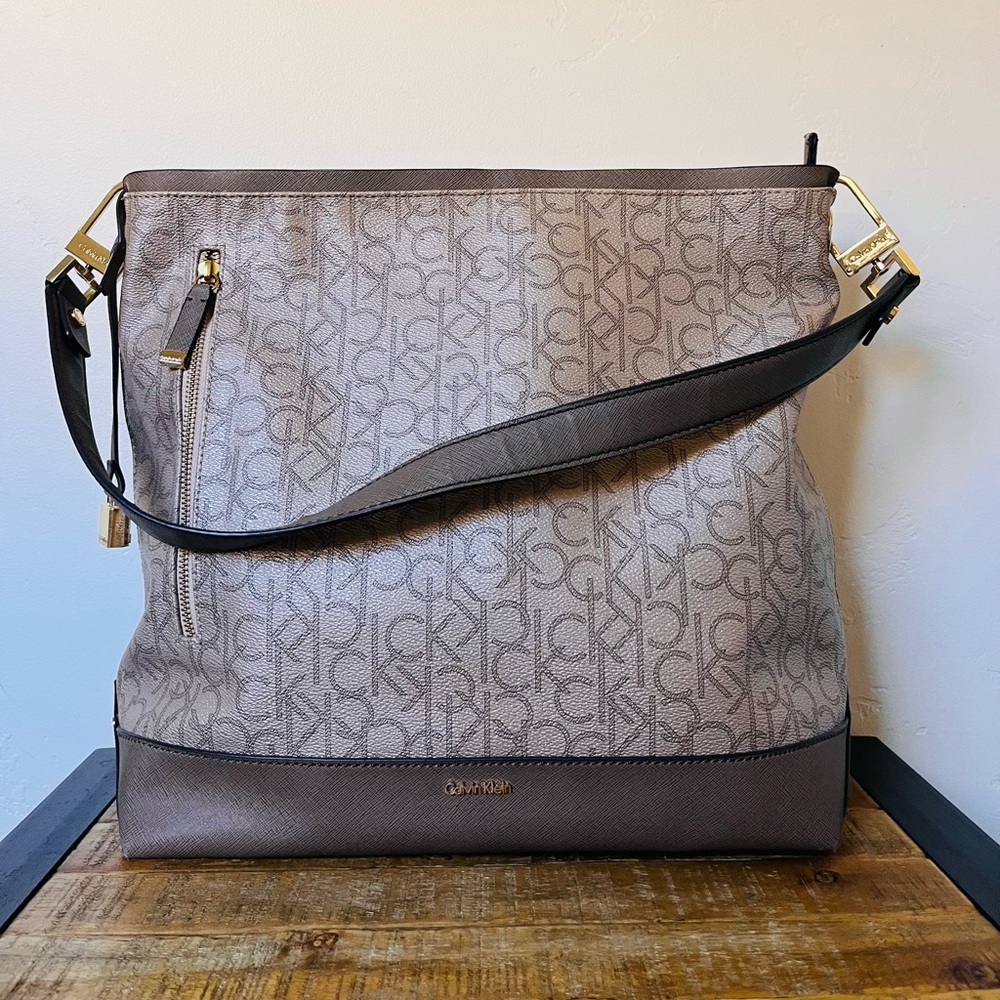 Calvin Klein Monogram Tote Bag with Gold Hardware XL Taupe